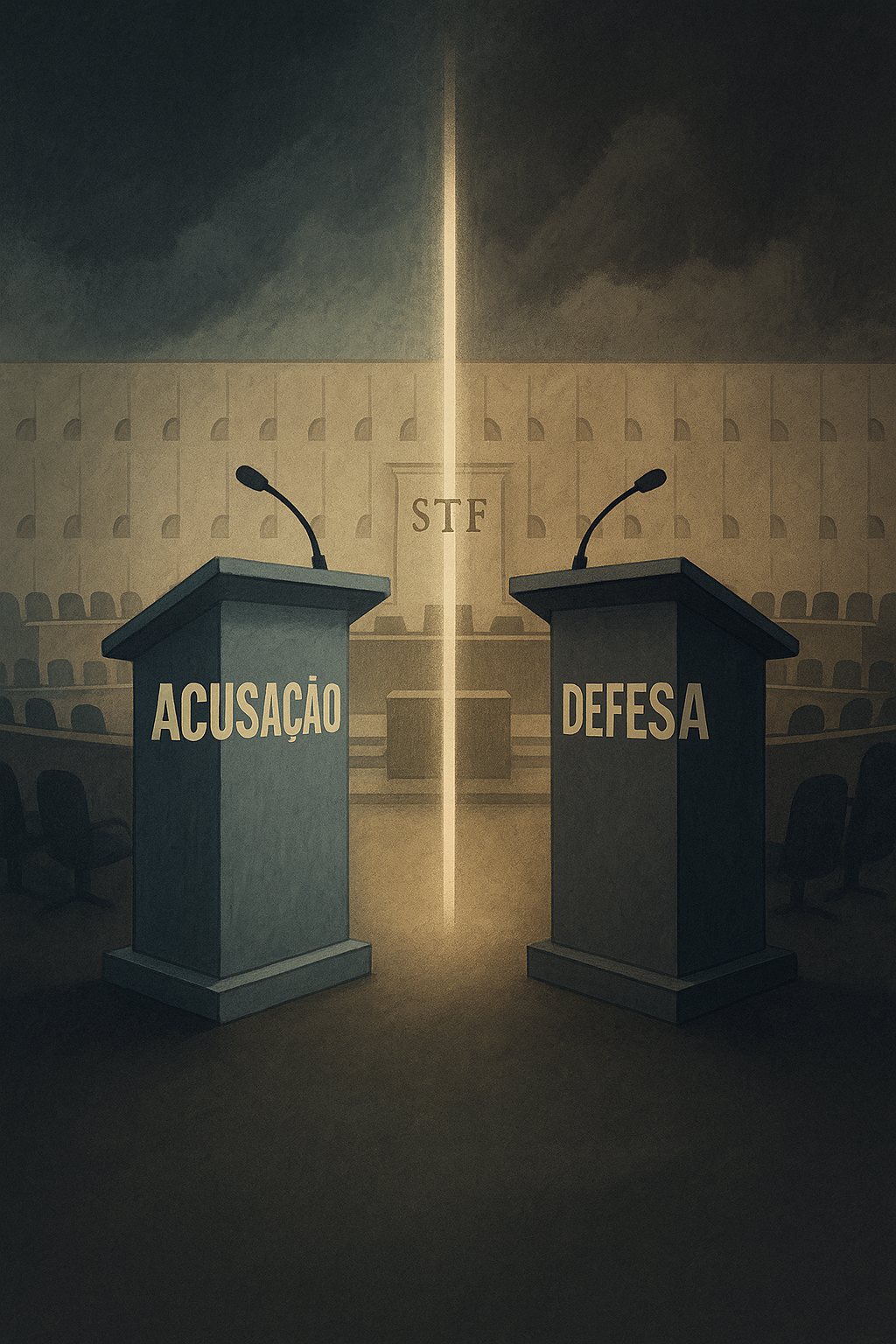 Ilustração dos discursos da acusação e defesa no julgamento de Bolsonaro