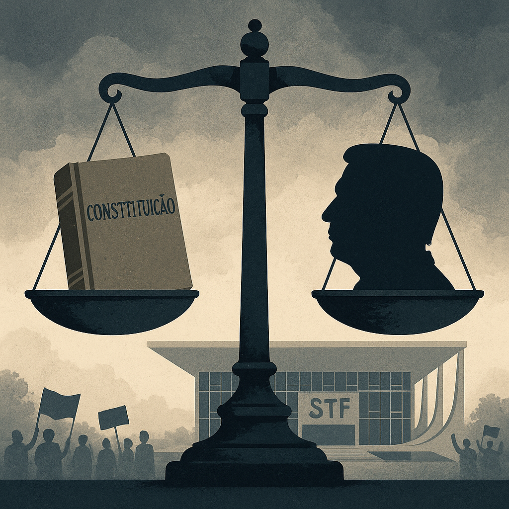 Ilustração conceitual do julgamento de Bolsonaro com balança da justiça e STF ao fundo