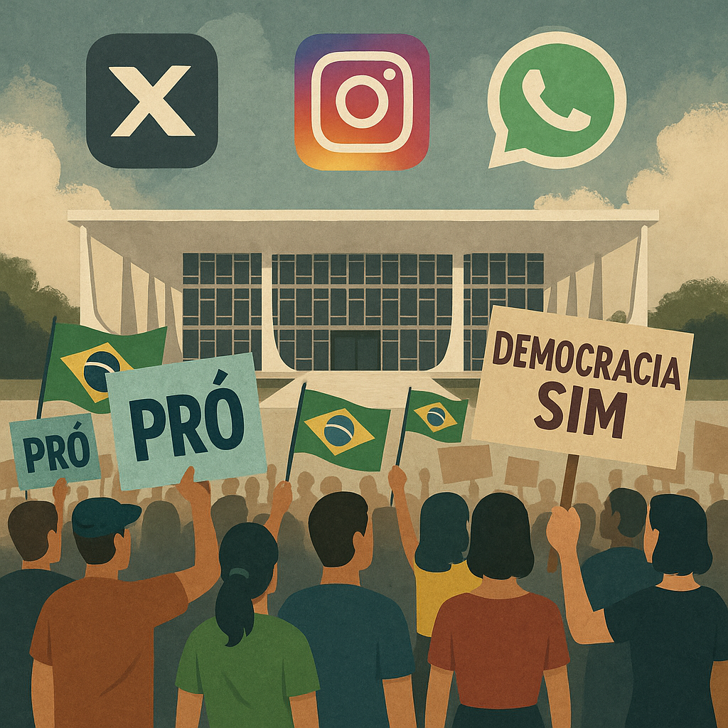 Ilustração do julgamento de Bolsonaro com manifestantes e redes sociais em destaque