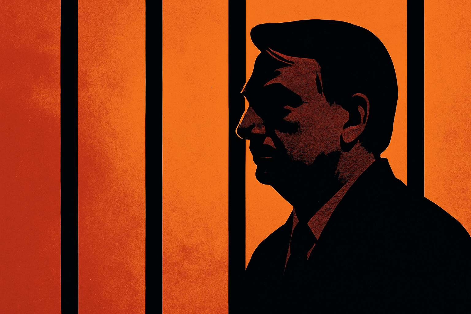 Ilustração em tons quentes com silhueta de Bolsonaro atrás de barras e título sobre democracia.