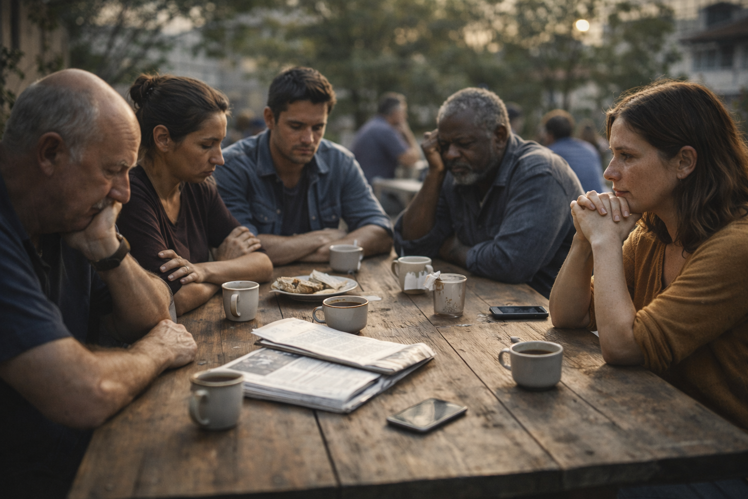 Grupo diverso de pessoas sentadas em torno de uma mesa de madeira ao entardecer, em um espaço cotidiano. Elas demonstram cansaço e reflexão, com olhares baixos e mãos apoiadas na mesa. Há xícaras de café, jornais e celulares desligados, sugerindo uma conversa difícil e interrompida sobre a vida coletiva.