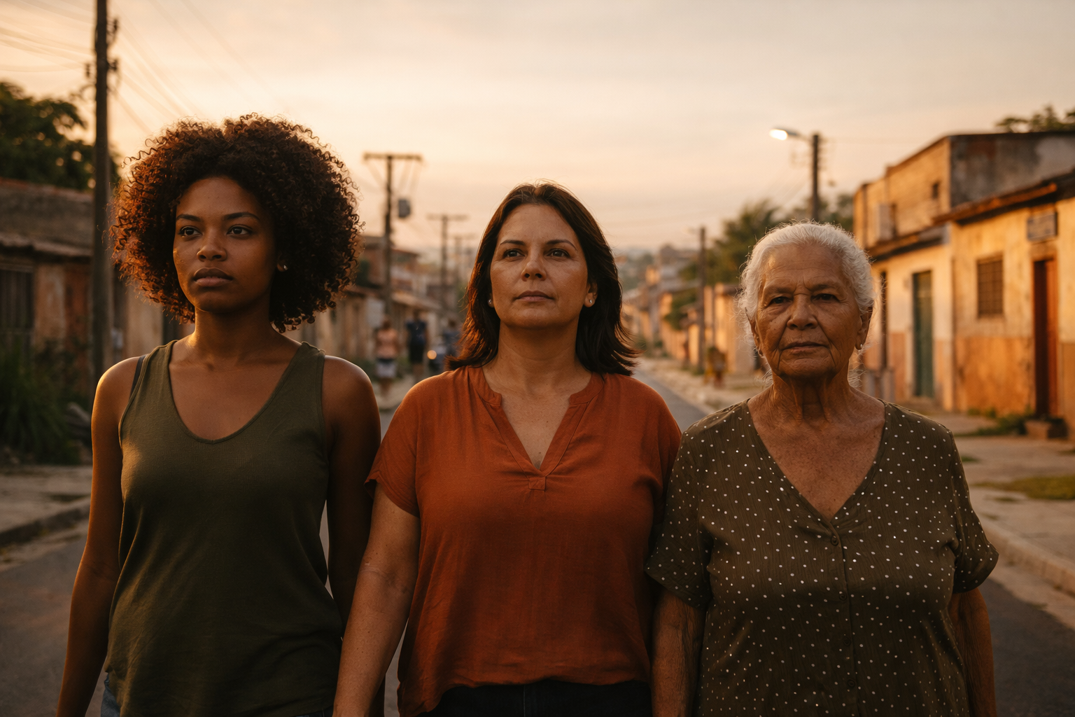 Três mulheres brasileiras de diferentes gerações caminhando juntas em rua urbana, representando a luta histórica pelo voto feminino e a participação política.