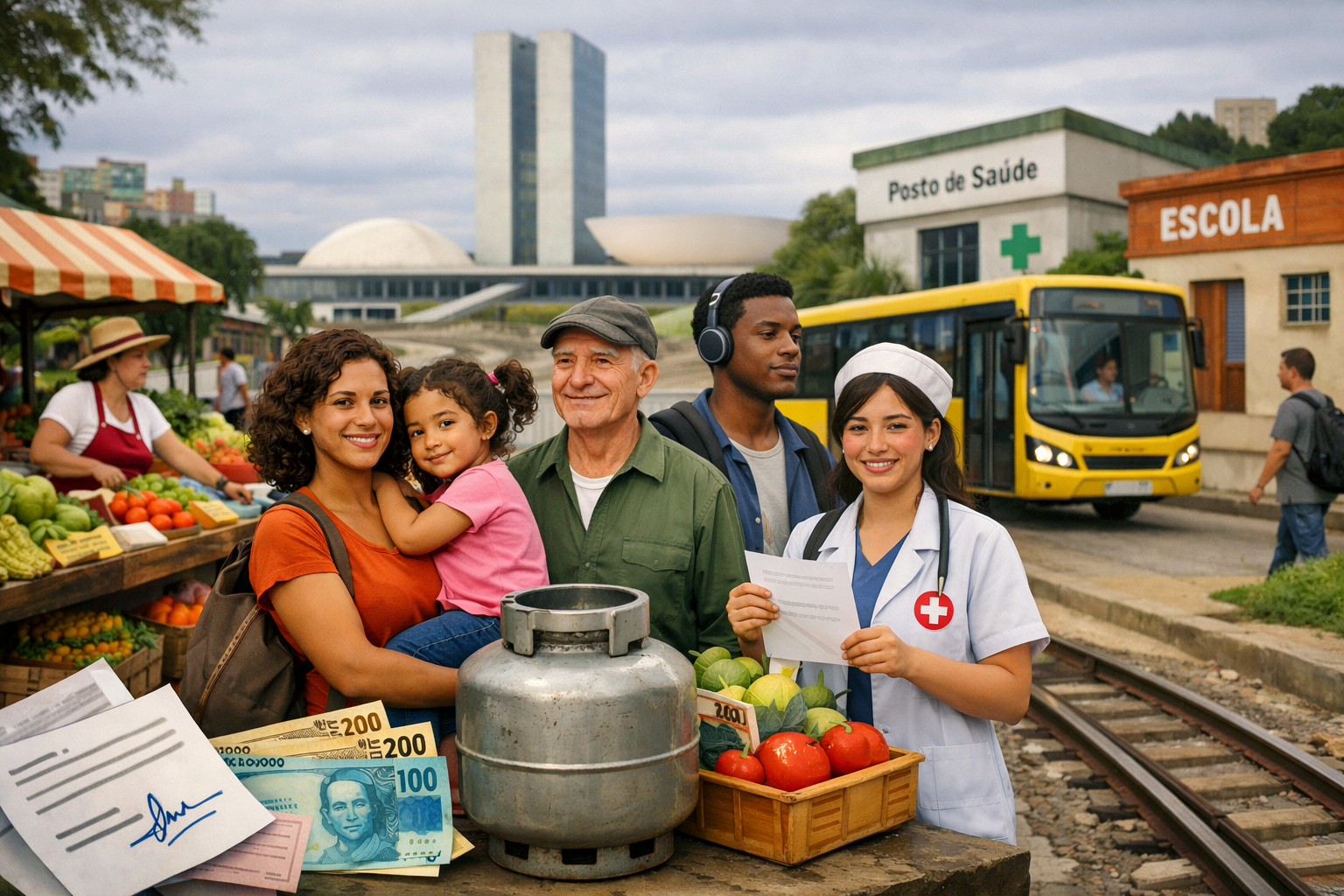Cena realista do cotidiano brasileiro com pessoas diversas em frente a feira, posto de saúde, escola e transporte público, com o Congresso Nacional desfocado ao fundo, representando como decisões políticas impactam a vida diária.