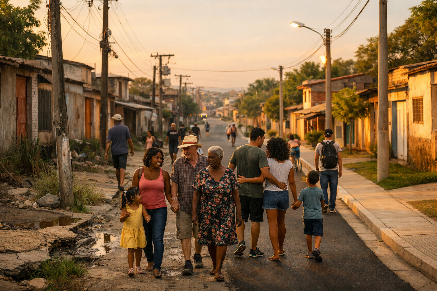 Rua de bairro popular brasileiro mostrando contraste entre abandono e infraestrutura renovada, com moradores caminhando e convivendo, simbolizando o impacto do orçamento público no cotidiano.