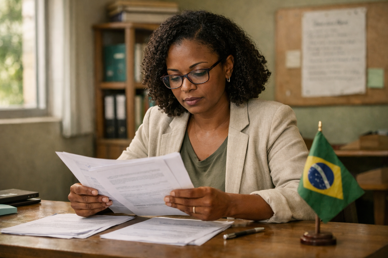 Mulher negra brasileira analisando documentos oficiais em escritório comunitário com bandeira do Brasil sobre a mesa.