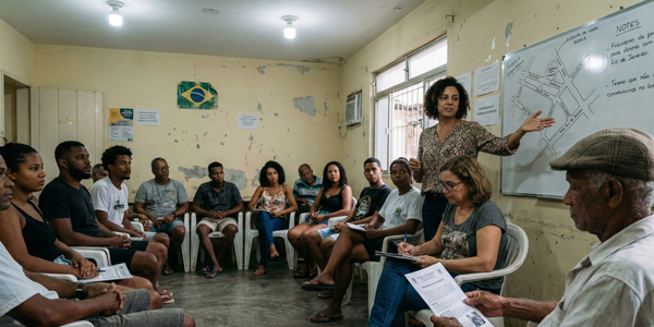 Reunião comunitária em bairro urbano periférico brasileiro com moradores discutindo mapa do bairro em espaço público simples.
